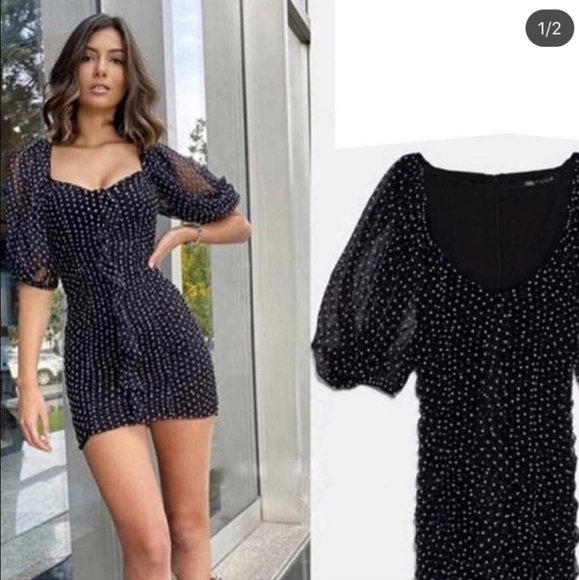 Zara polka dot mesh shirred mini dress puff sleeves black white xs - Picture 15 of 16